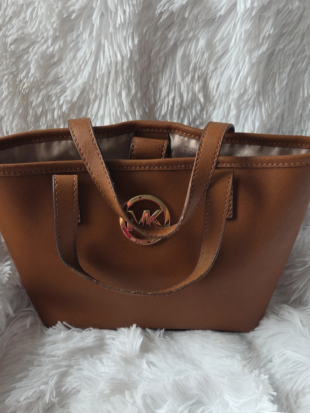 Michael Kors Cognac Saffiano Leather Tote with Gold MK Accent